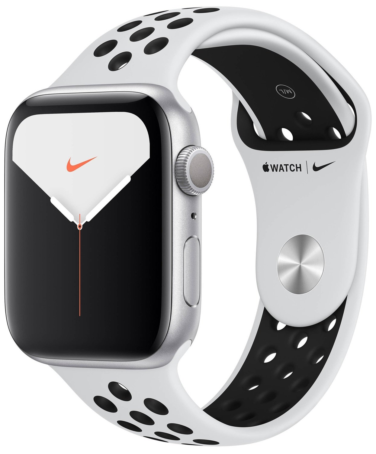 Apple Watch Series Nike 5 GPS 44 mm Carcasă din aluminiu argintiu Pure Plat/Blk Sp Band (MX3V2)
